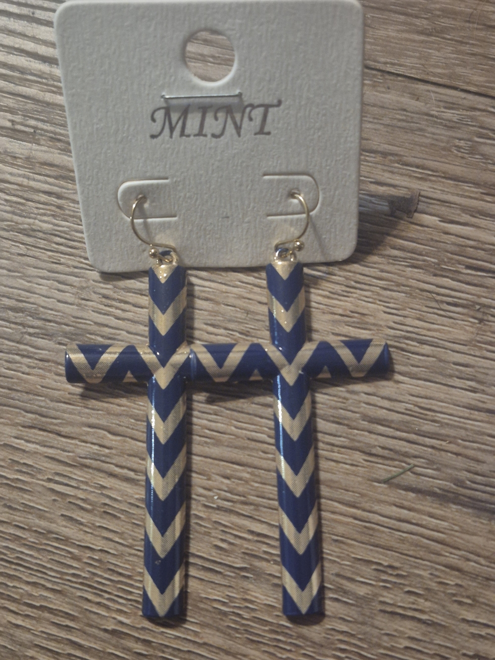 Mint Navy and Gold Chevron Cross Earrings